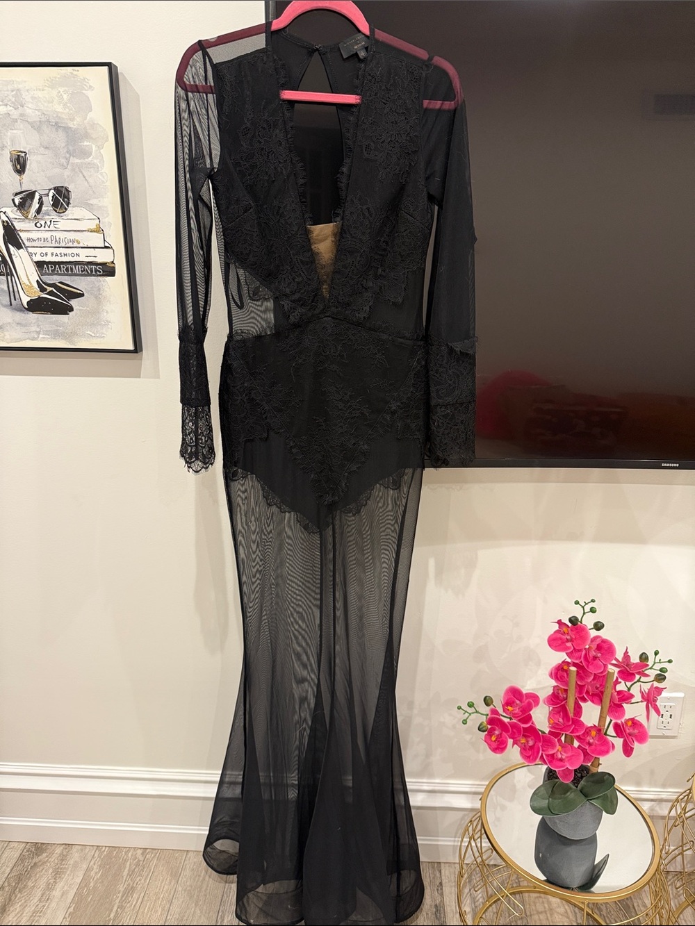 Michael Costello Black Sheer Lace Maxi Dress